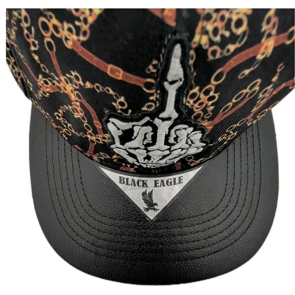 Skeleton Middle Finger Embroidered Hat Chain-Link & Black Flat Bill Snapback Cap - Picture 11 of 11